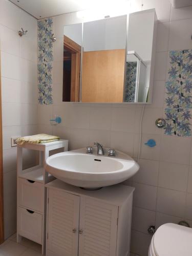 塔拉莫内La mia Casa a Talamone的一间带水槽、镜子和卫生间的浴室