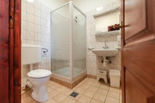 贝凯什乔包全景酒店的带淋浴、卫生间和盥洗盆的浴室
