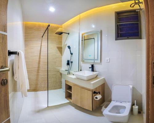 阿布贾C. Apartments Annex的一间带卫生间、水槽和镜子的浴室