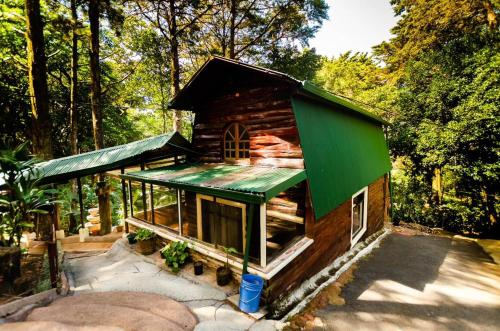 Cabañas Lunas del Poás的树林中带绿色屋顶的小小屋