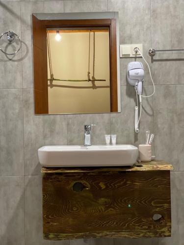 梅斯蒂亚Hotel Ailama Mestia的一间带水槽和镜子的浴室