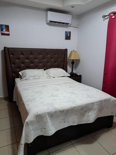 马那瓜Acogedora Casa的一间卧室配有一张大床,床上有毯子