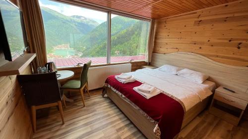 乌宗Kar Hotel Uzungöl的一间卧室配有一张床、一张桌子和一个窗户。