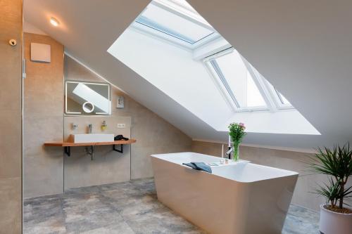卡罗利嫩西尔施卢伊斯特公园酒店的一间带水槽和天窗的浴室