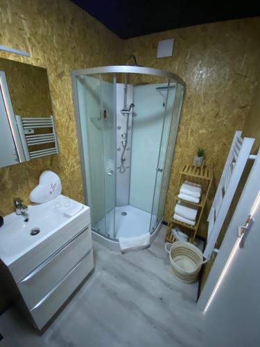 UriménilMini Love Room jacuzzi privatif的带淋浴、盥洗盆和卫生间的浴室