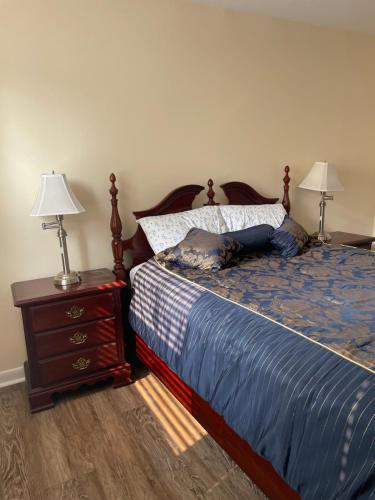 巴尔的摩Quiet 2 Bedroom Apartment Condo in the Hampden / Medfield area few minutes to Downtown - Emerald Elite的一间卧室配有一张床和一个带两盏灯的床头柜。