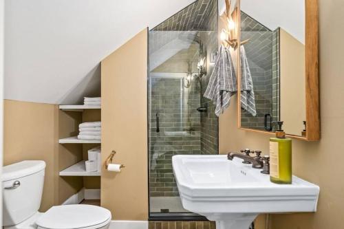 皮克顿Urban Cabin - Downtown Picton的一间带水槽、淋浴和卫生间的浴室