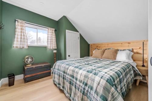 皮克顿Urban Cabin - Downtown Picton的一间卧室设有一张床和绿色的墙壁