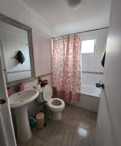 埃尔基斯科Casa en condominio cerca de la playa El Quisco Norte的浴室配有卫生间、盥洗盆和淋浴。