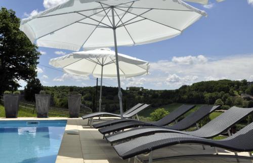 Penne-dʼAgenaisLe Relais de Roquefereau的一组椅子和一把遮阳伞,位于游泳池旁