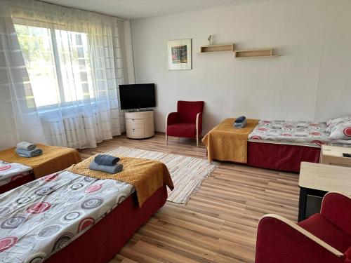 卡拉斯泰Kallaste Hostel的酒店客房设有两张床和电视。