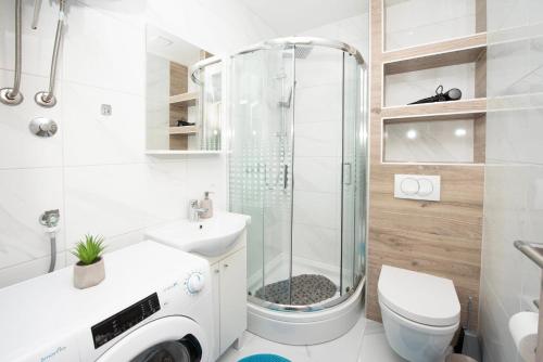 多恩基瑟盖特M&M apartmani的带淋浴、卫生间和盥洗盆的浴室