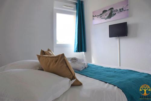 格朗德康迈西阿多尼斯格兰营地公寓 - 德索拉岛住宅的一间卧室配有一张带枕头的床和一台墙上的电视。