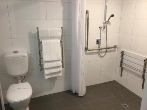 纳皮尔东码头酒店的一间带卫生间、淋浴和毛巾的浴室
