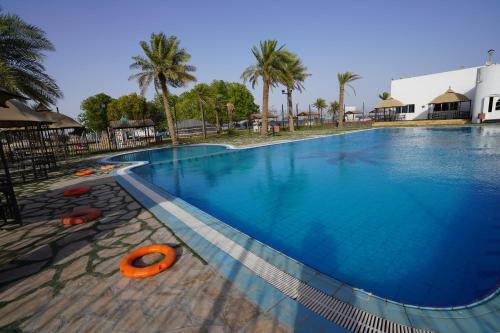 半月湾Palm Beach Resort的一座大型游泳池,里面装有橙色环