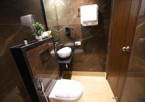 勒克瑙Hotel The Leaf - Gomti Nagar Lucknow的一间带卫生间和水槽的浴室