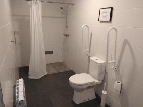 莱昂入住莱昂旅舍的白色的浴室设有卫生间和淋浴。