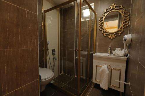 阿马西亚GARDEN OTEL AMASYA的带淋浴、卫生间和镜子的浴室