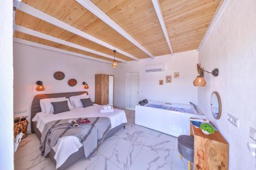 卡斯Villa Ay的一间卧室设有两张床和一个浴缸。