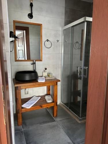 切什梅Pupa Alaçatı Butik Otel的带淋浴的浴室以及带镜子的桌子