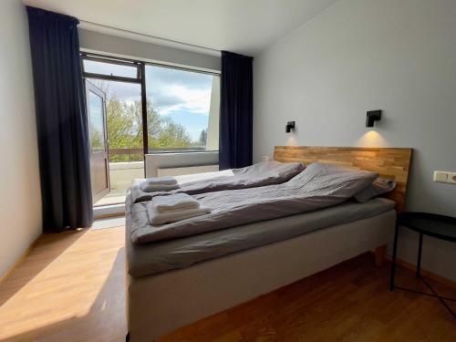 惠拉盖尔济Matkráin Apartments的一间卧室设有一张床和一个大窗户
