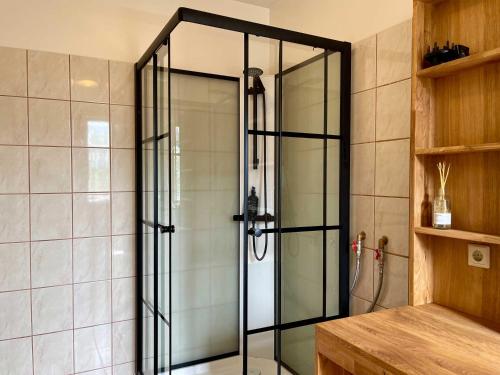 惠拉盖尔济Matkráin Apartments的浴室里设有玻璃门淋浴