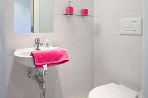 爱丁堡Edinburgh College Residence的一间带水槽和粉红色毛巾的浴室