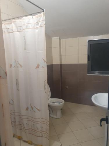 斯库台Gruda Apartments的一间带卫生间和淋浴帘的浴室