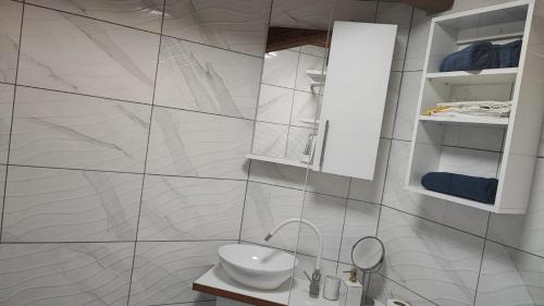 TopuskoKuća za odmor Jopi i Mare的白色的浴室设有水槽和镜子