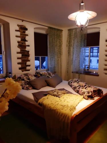 Familienfreundlich Wohnen im Miriquitdi Erzgebirge的一间带一张大床的卧室,位于带窗户的房间内