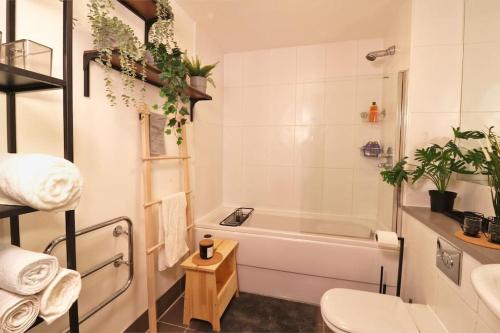 谢菲尔德Spacious Private Flat in Sheffield City Centre的带浴缸、卫生间和盥洗盆的浴室
