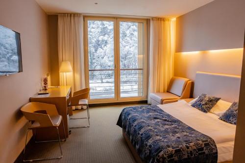 拉什科特赫尔曼公园拉斯科酒店****高级酒店的配有一张床、一张书桌和一扇窗户的酒店客房