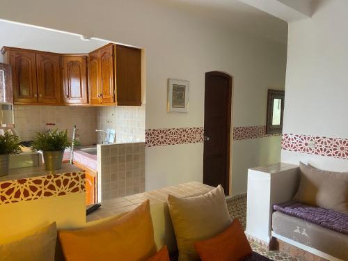 迈尔提勒Riad Salt River的带沙发的客厅和厨房
