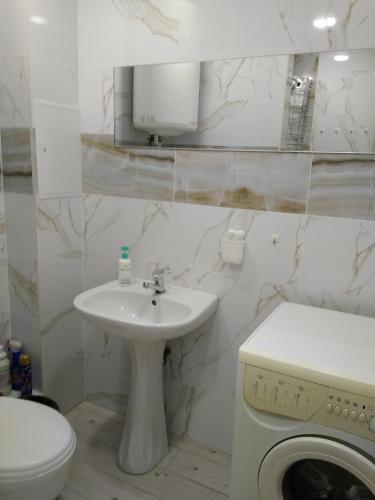 克里沃罗格Студія зі Смарт ТВ,кондиціонером的白色的浴室设有水槽和洗衣机。