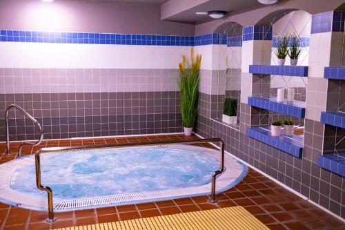 什平德莱鲁夫姆林Hotel Zátiší的浴室设有蓝色瓷砖和热水浴缸
