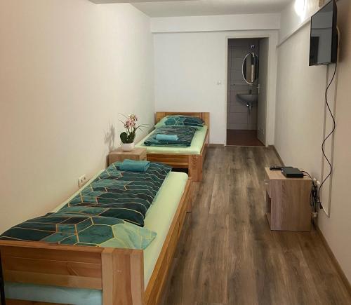 布拉迪斯拉发Hostel Old Town的一间设有两张床和电视的房间