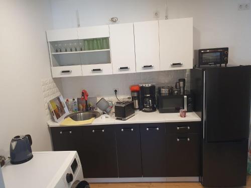 海尔巴德海利根斯塔特Neustadt-Blick的厨房配有白色橱柜和黑色冰箱。