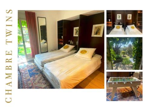 格里莫Villa Mon Amour à Grimaud的卧室的三张照片,配有两张床和一张桌子
