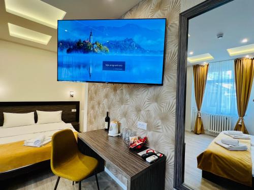 贝尔格莱德加尔尼赛德汶设计酒店的一间酒店客房,配有一张床和一台墙上的电视