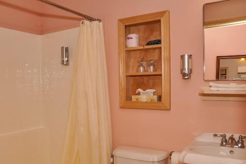 巴德克Chanterelle Inn & cottages的带淋浴、卫生间和盥洗盆的浴室