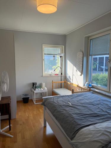 斯德哥尔摩A room in a villa close to Arlanda Airport的一间卧室设有一张大床和两个窗户。