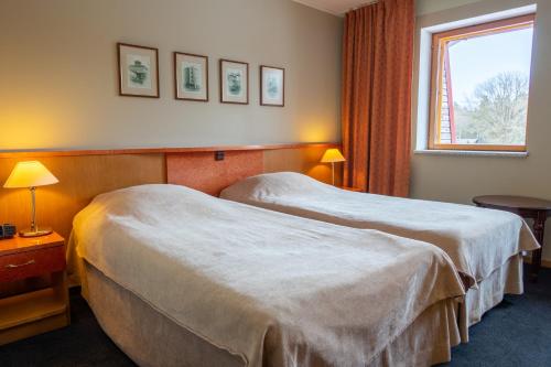 塔林塔赫托尼酒店的酒店客房设有两张床和窗户。