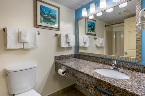代托纳海滩热带风度假酒店的一间带卫生间、水槽和镜子的浴室