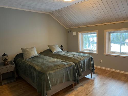 韦姆达伦Vemdalsskalet huset Myltan的一间卧室设有一张床和两个窗户。