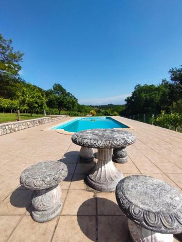 Santa AnaBasoeta的游泳池前带桌子和凳子的庭院