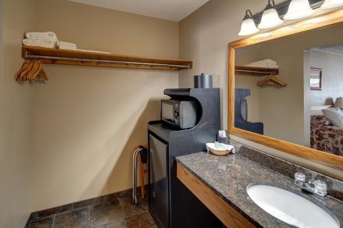 卡斯特Rock Crest Lodge & Cabins的一间带水槽、微波炉和镜子的浴室