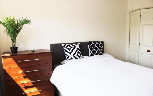 哈罗Flat in London- Modern 2 Bedroom Apartment Harrow near Wembley的一间卧室配有一张床和一个植物梳妆台