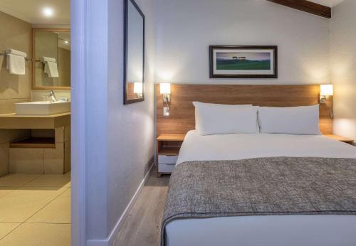 白河Pine Lake Resort的一间卧室配有一张床,浴室设有水槽