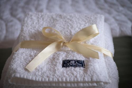 迈普Maipu Luxury Apartment的一条白色毛巾,上面有棕褐色的蝴蝶结
