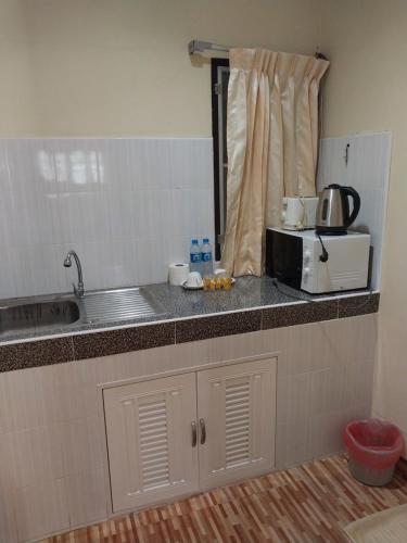 象岛索菲亚花园度假酒店的厨房柜台设有水槽和微波炉